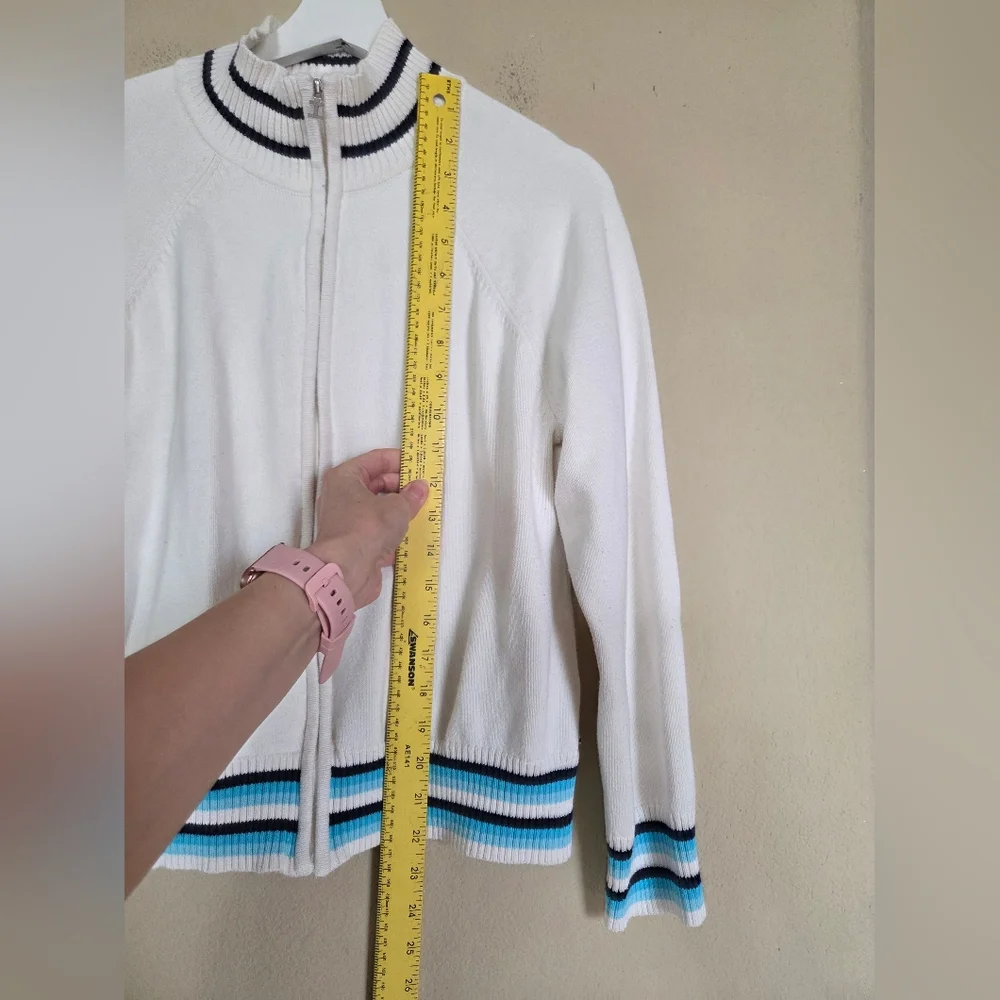 Izod Cotton Knit Zip Up Cardigan Sweater Sporty Stripe Preppy Nautical